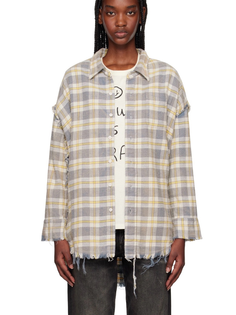 R13 Off-White and Yellow Shredded Seam Drop Neck Shirt